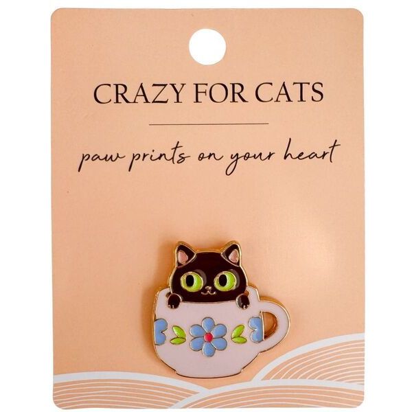 Cat-themed brooch in a teacup design on a 'Crazy for Cats' branded card.