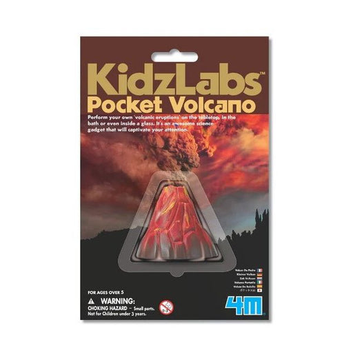Packaging of KidzLabs Pocket Volcano with volcano graphic and 4M branding.