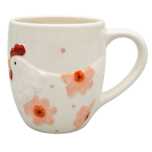 White mug with floral design and chicken 