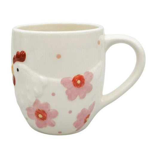 Ceramic mug with floral design and chicken illustration 