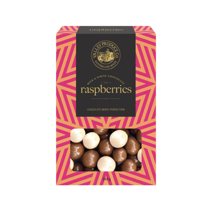 Milk & White Chocolate Raspberries 220g
