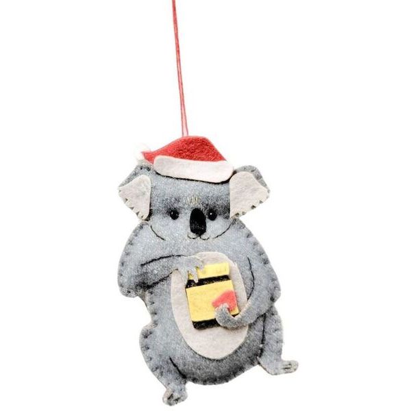 Felt koala ornament wearing a Santa hat and holding a vegemite jar
