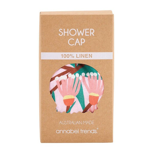Box of shower cap with linen material, Australian made, and annabel trends branding.