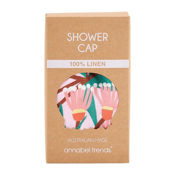 Box of shower cap with linen material, Australian made, and annabel trends branding.