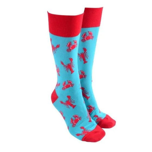 Blue socks with red accents and lobster  