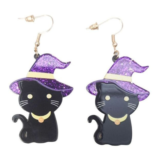 Black cat earrings with purple witch hats 