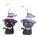 Black cat earrings with purple witch hats 