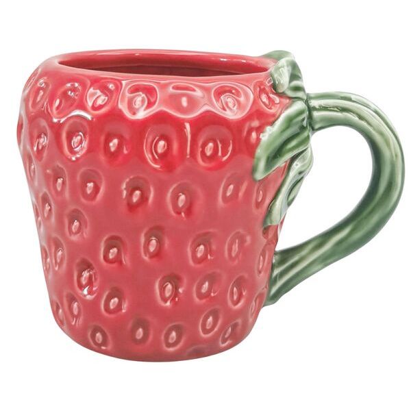 Red ceramic mug shaped like a strawberry with a green handle 