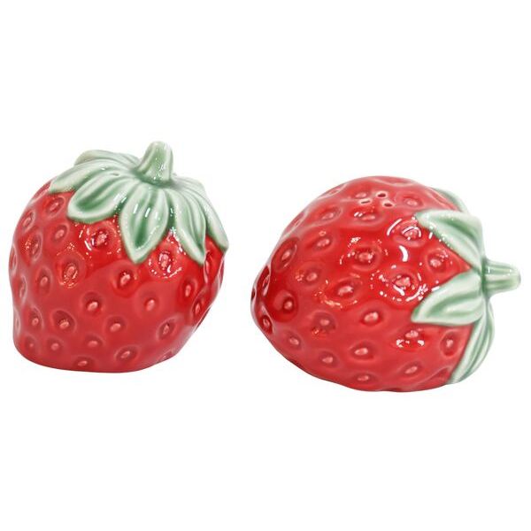 Two ceramic strawberry-shaped salt and pepper shakers