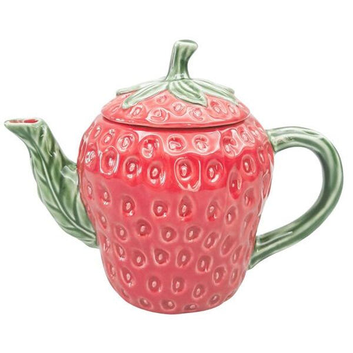 Pink strawberry-shaped teapot with green leaves 