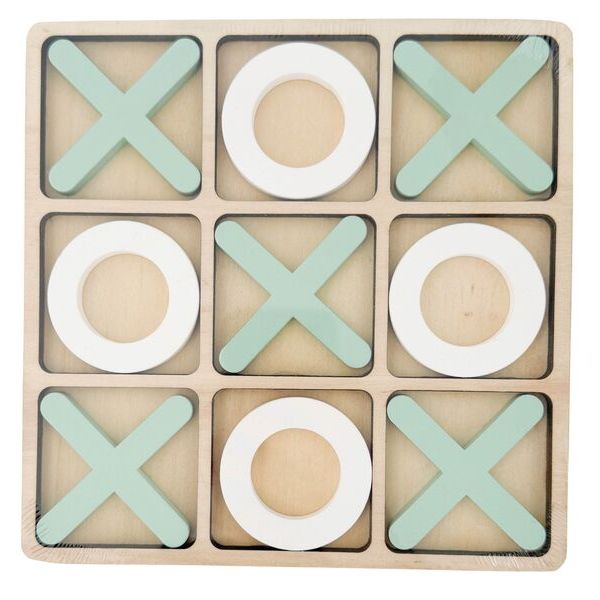 Tic-tac-toe game board with green and white pieces 