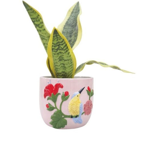 Decorative plant pot with floral and bird design 
