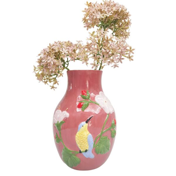 Decorative vase with floral design and hummingbird