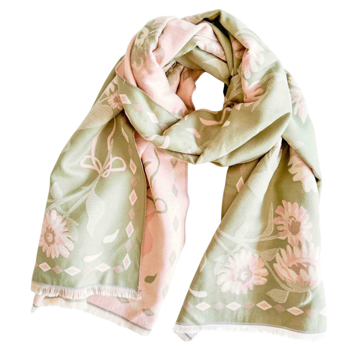 Folk Floral Green & Cream Scarf
