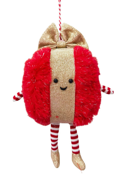 Fluffy Present Hanging Decoration Red & Gold 8cm