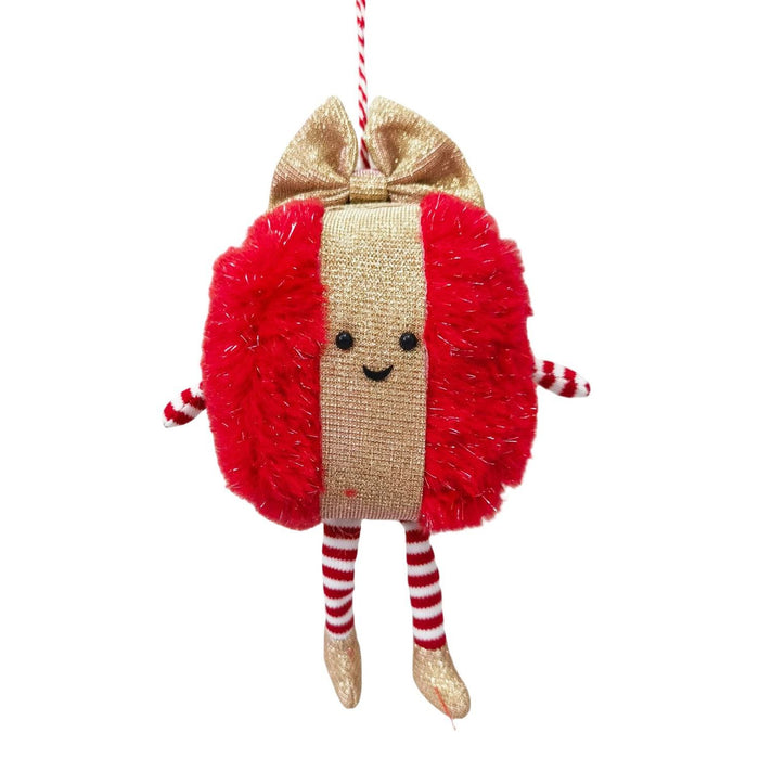 Fluffy Present Hanging Decoration Red & Gold 8cm