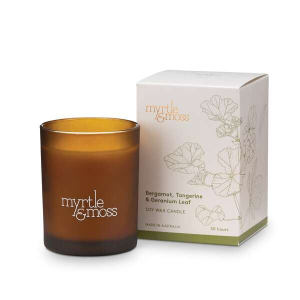 bergamot tangerine and geranium candle by myrtle and moss