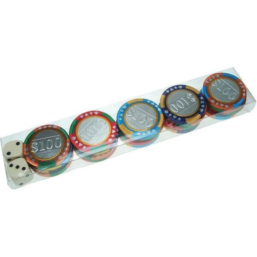 pack of chocolate casino chips and dice