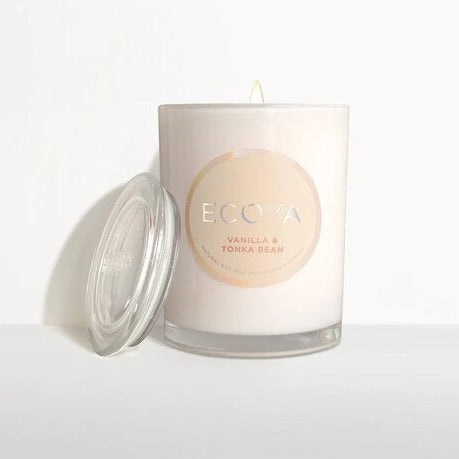 vanilla tonka bean ecoya candle in glass jar with lid