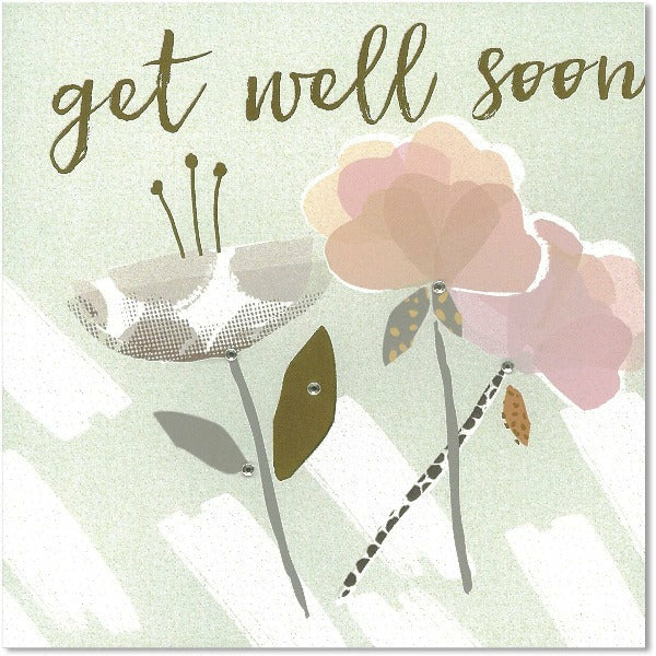 green and pink floral get well soon greeting card