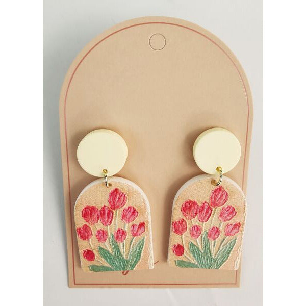 dana tulips on arch colourful floral earrings on trend