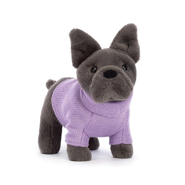 jellycat bulldog wearing lilac purple sweater jumper