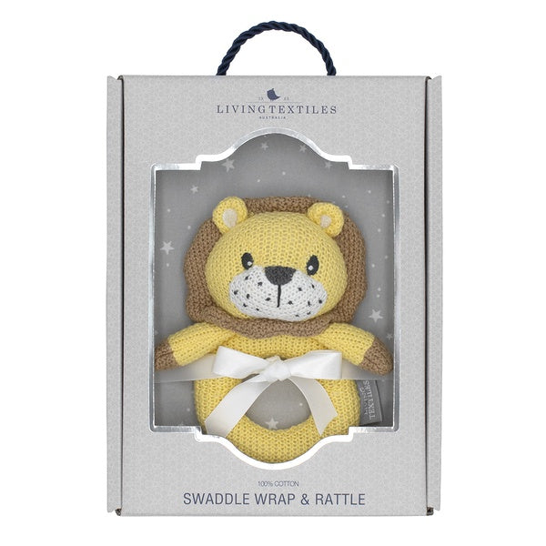lion wrap swaddle and rattle gift set