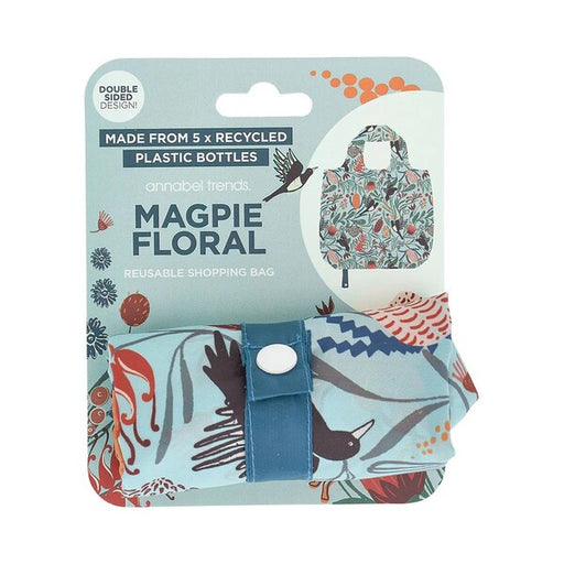 magpie bird and floral print reusable bag