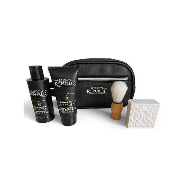4 piece cleansing products for men in toiletries bag