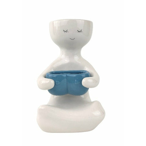 kinky lady holding blue pots planter for indoor