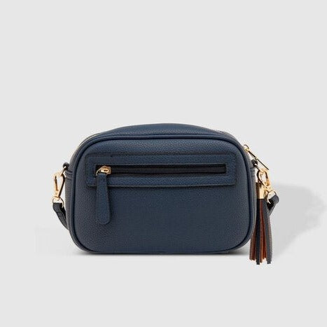 blue crossbody bag with two straps