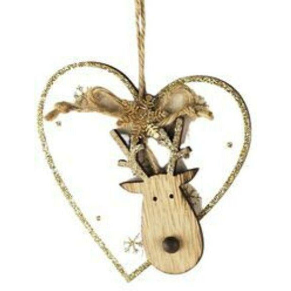 Quirky Reindeer on Heart Hanging Decoration White & Natural 11cm