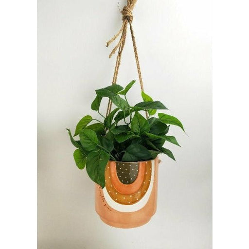 terracotta and green hanging planter with quote