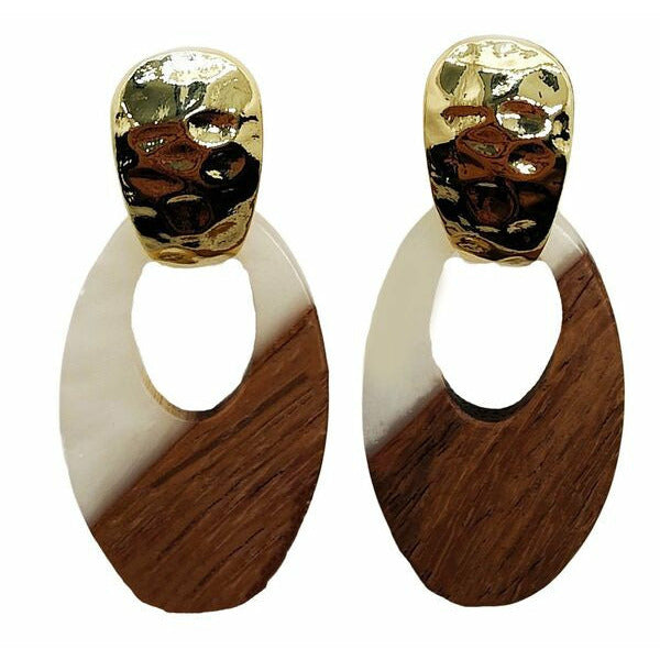 wood and white oval drop earrings 