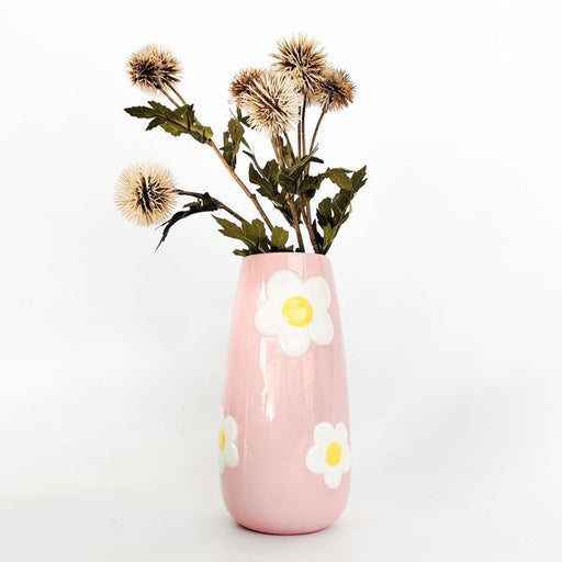 alice pink vase with painted daisy flowers