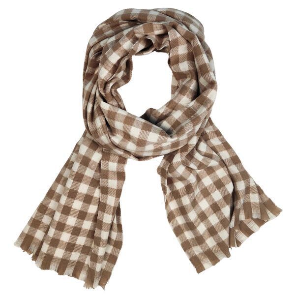 tan gingham pattern scarf for winter wardrobe